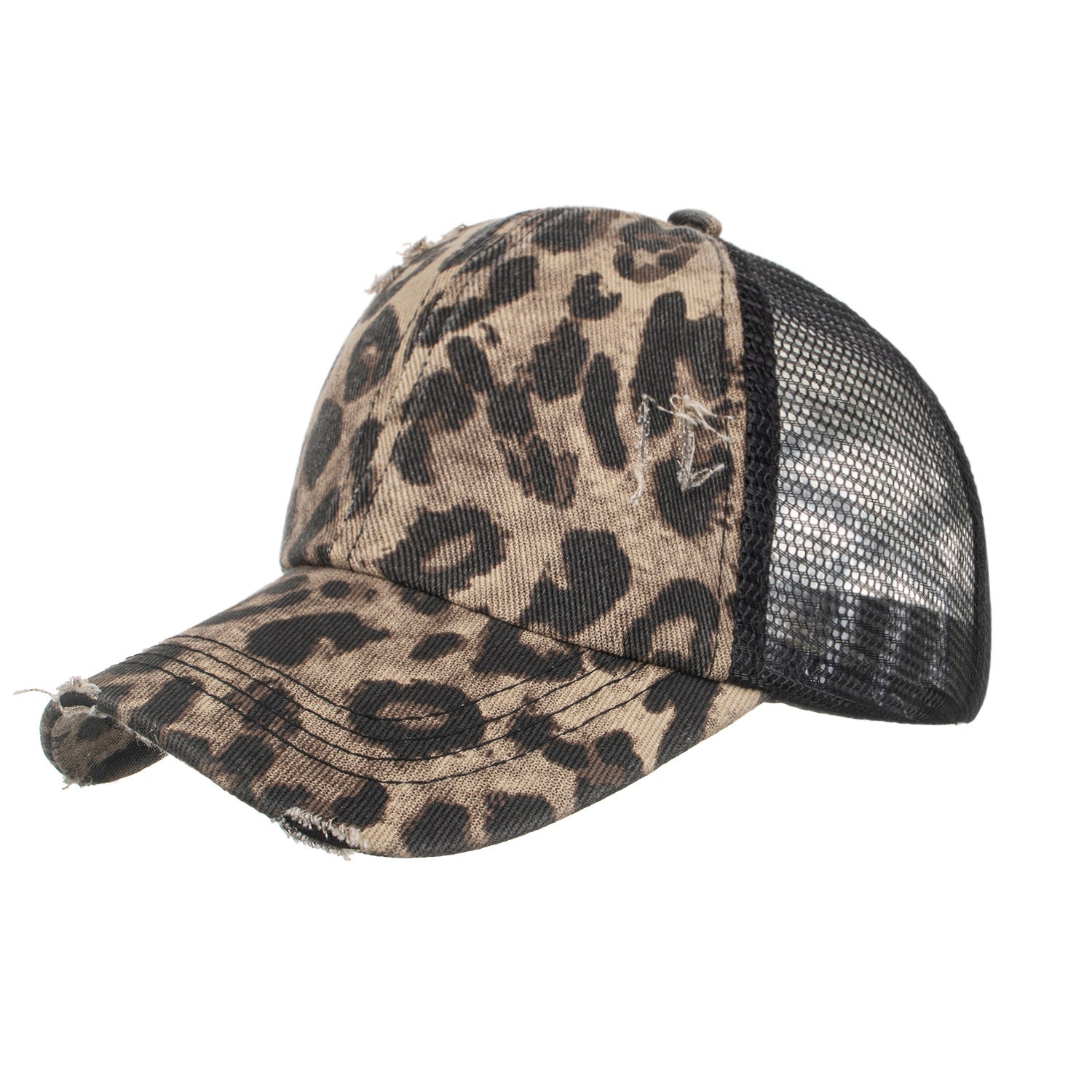 Wholesale Brown Leopard Print Cross Elastic Band Ponytail Baseball Cap